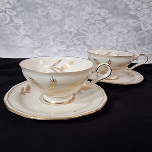 Vintage Teacups Royal Tettau Germany US Zone Wheat Sheaf 24k Trim China Pair